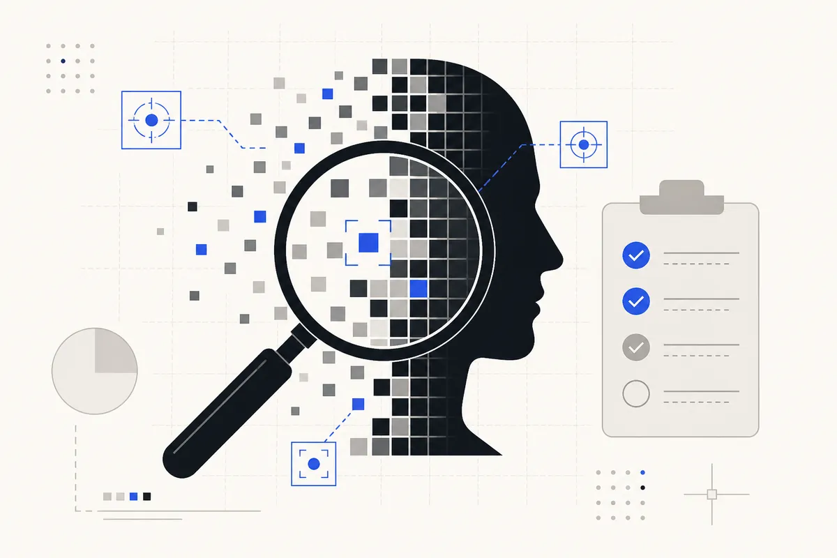 Editorial illustration: A magnifier scanning a fragmenting face with small highlighted markers and a checklist.