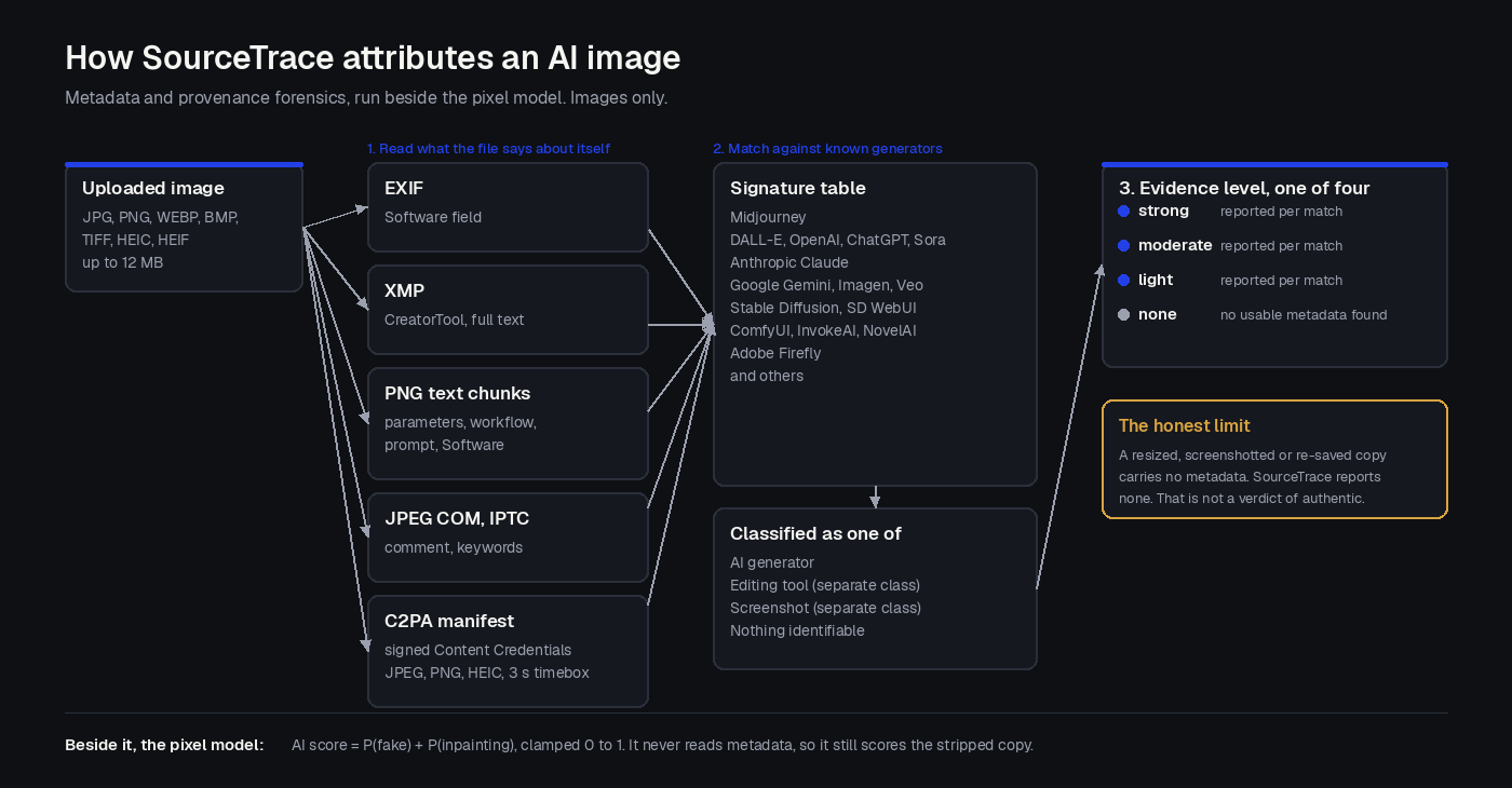 Diagram of how SourceTrace attributes an AI image: the file's EXIF Software, XMP CreatorTool, PNG Software keys and C2PA manifest are read, matched against a signature table of known generators, and returned with an evidence level of strong, moderate, light or none.